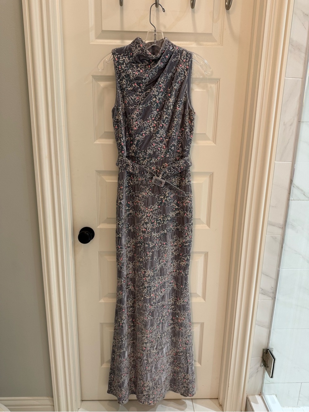 Badgley Mischka Lavender Floral Sequin Velvet Belted Maxi Dress Size 0